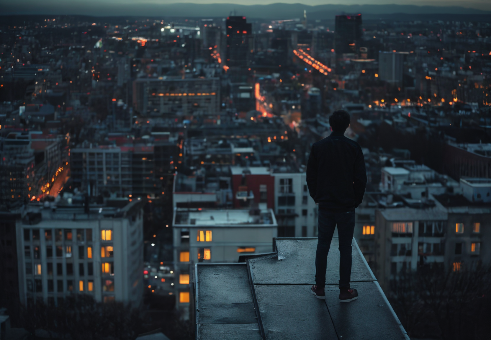 00037-631180228-a young man looks down from atop a building at the city below wondering what his next move will be, twilight, moody.png